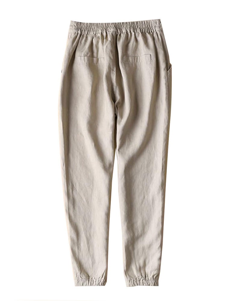 IXIMO Women's Tapered Pants 100% Linen Drawstring Back Elastic Waist Pants Trousers with Pockets (Khaki, S) - Image 2